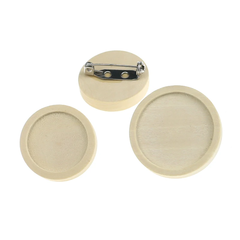 10pcs/lot Diy wood 20 25mm Round Brooch Base Cabochon Blanks Trays with Brooch stainless steel Pins Cameo Cabochon Base Setting