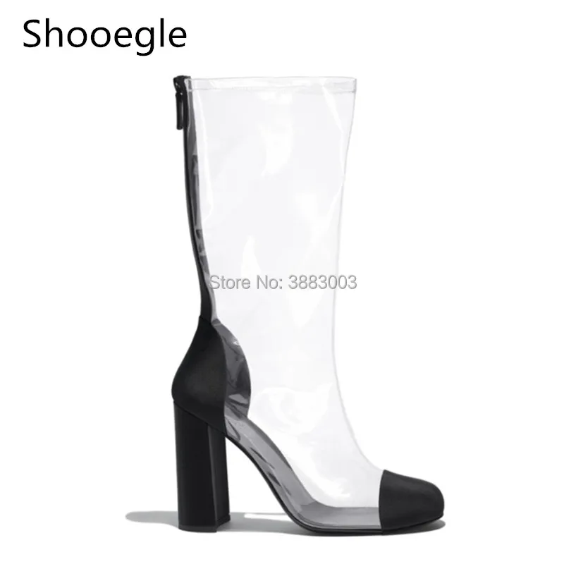 

Fahion Back Zip Round Toe PVC Clear Mid Calf Boots High Heel Transparent Women Summer Rain Boots Black White Big Size EU 43