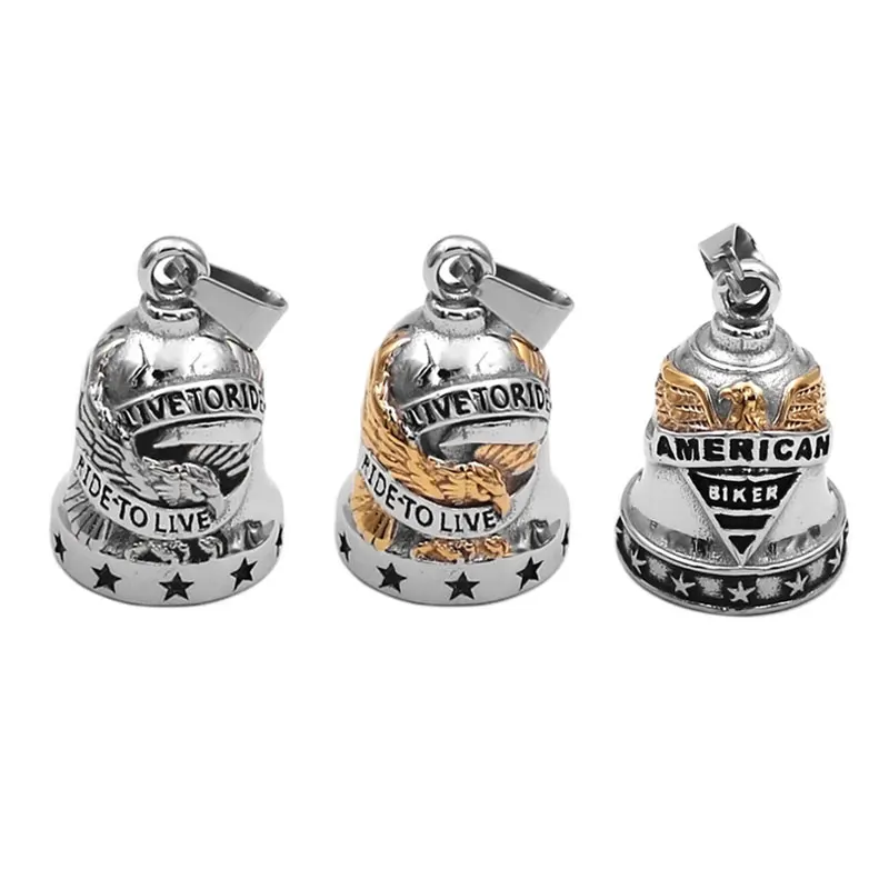 (Has sonido de campana) Live To Ride Eagle Motor Biker Bell Colgante Acero inoxidable Cráneo Rosa Lady Rider Colgante 496B