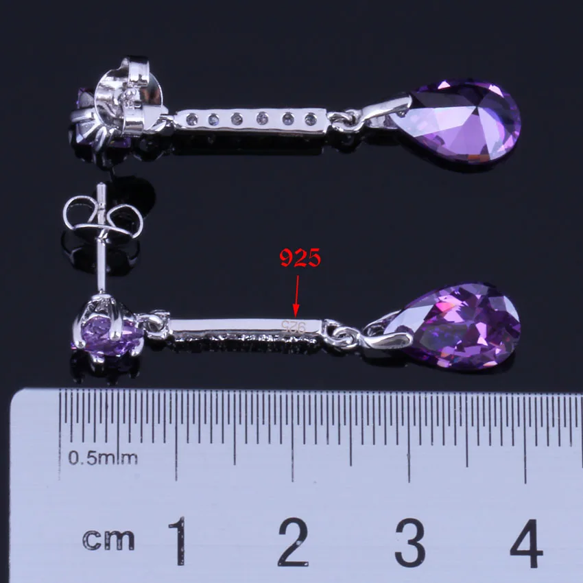 Perfect Water Drop Purple Cubic Zirconia White CZ Silver Plated Drop Dangle Earrings V1027