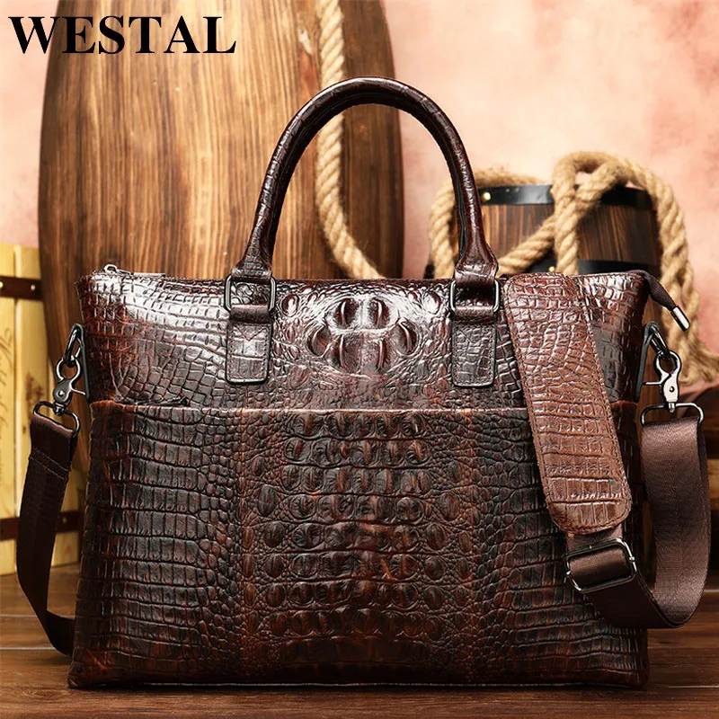 WESTAL Men Briefcase Men\'s Bag Genuine Leather Office Bags for Men Laptop Bag Leather Briefcase Men Croco Design Computer Bags