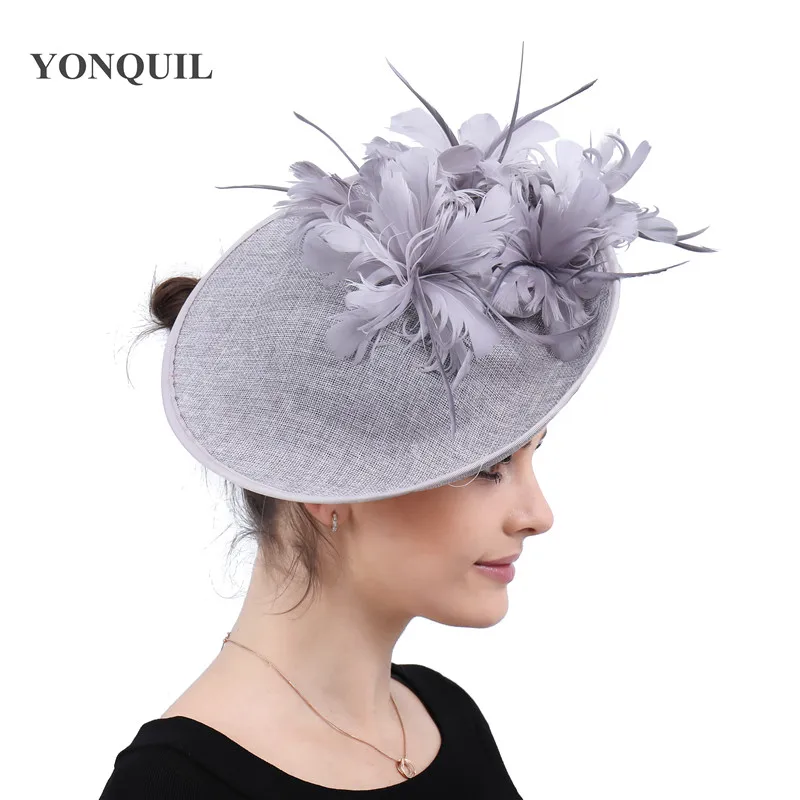 Grey Millinery Caps With Headbands Accessories Imitation Sinamay Derby Cocktail Hat Women Bridal Hair Fascinators Feather Fancy