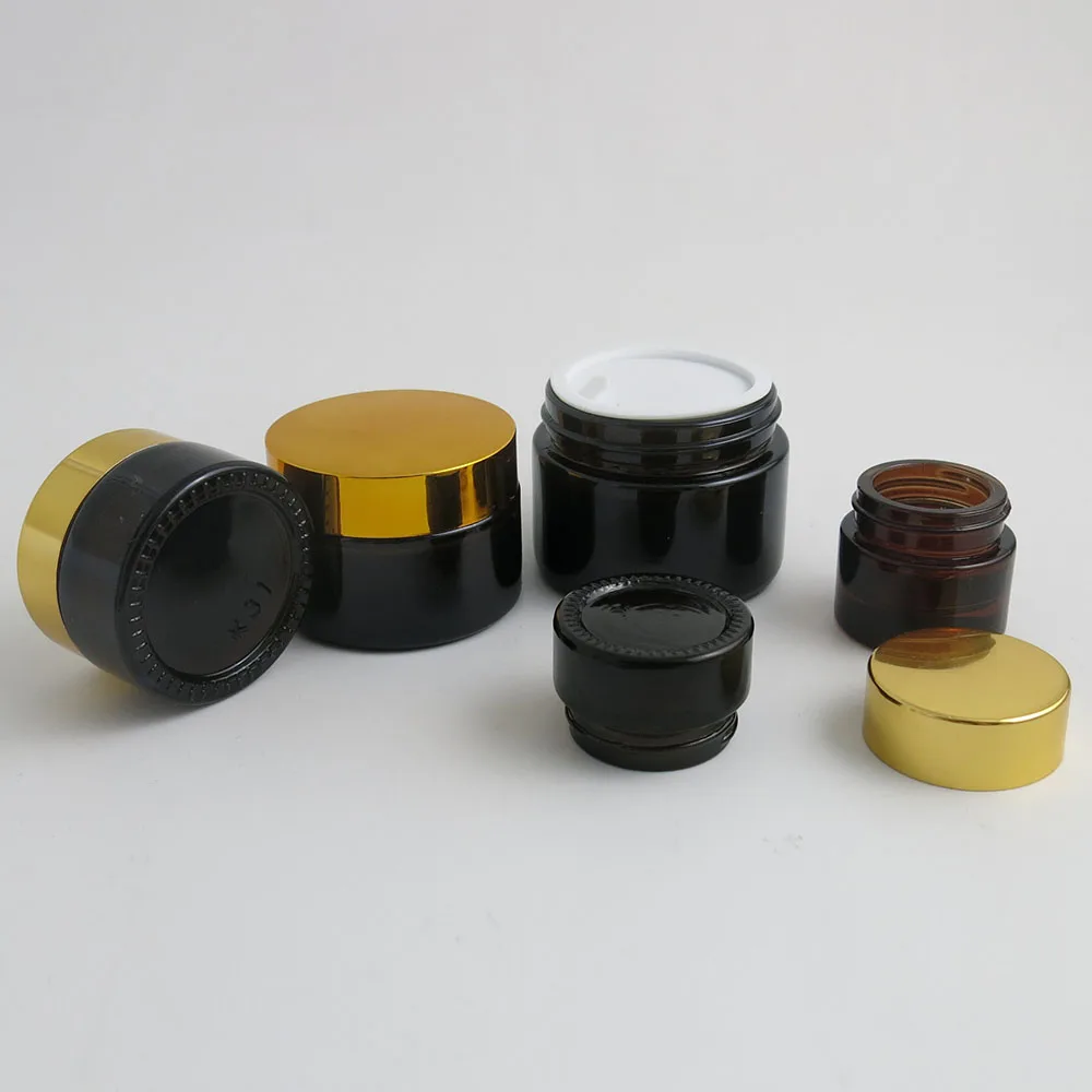 12 x 5g 10g 20g 30g 50g Empty Amber Glass Cream  Brown Glass Cosmetic Container with white Seal Black Silver Gold  Lids