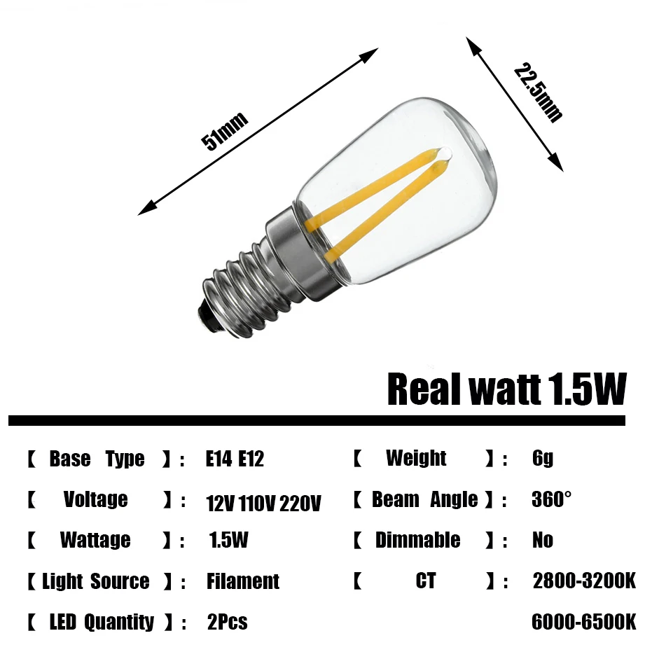 4pcs E12 E14 LED Filament Bulbs 1.5W ACDC12V 220V 360 Degree Retro lighting Refrigerator Lamps E12 Fridge Chandeliers Bombillas