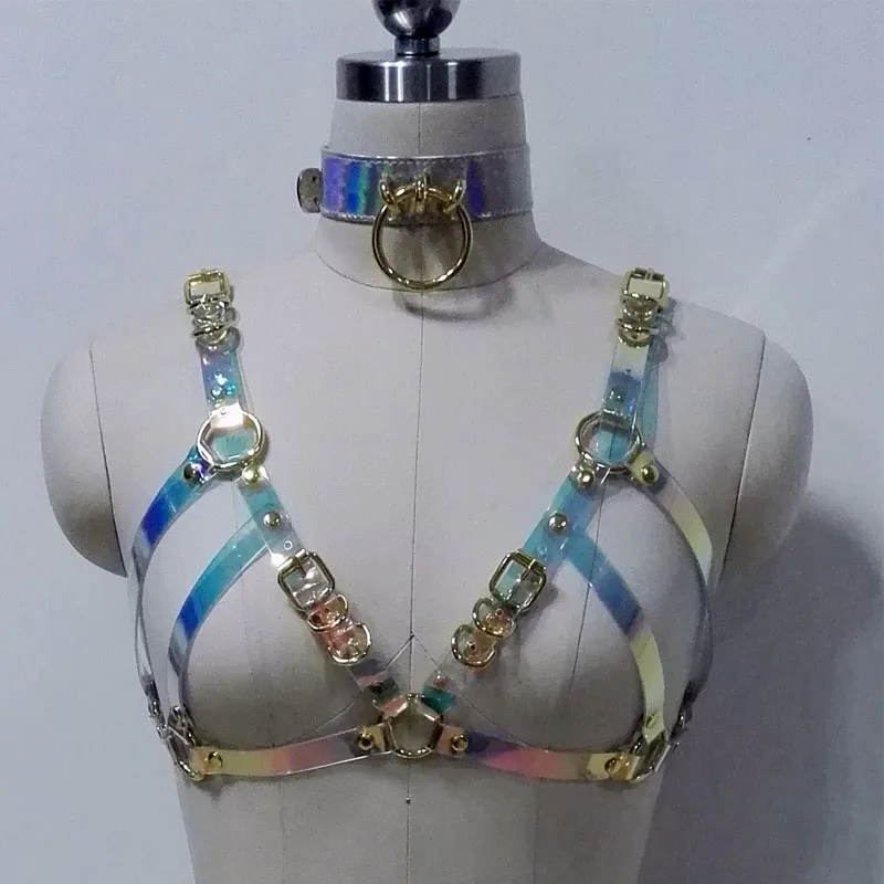 100% Handcrafted Holographic Choker Bra Belt Gold Chest Top Body Chain Link Waist Belts Hologram Iridescent