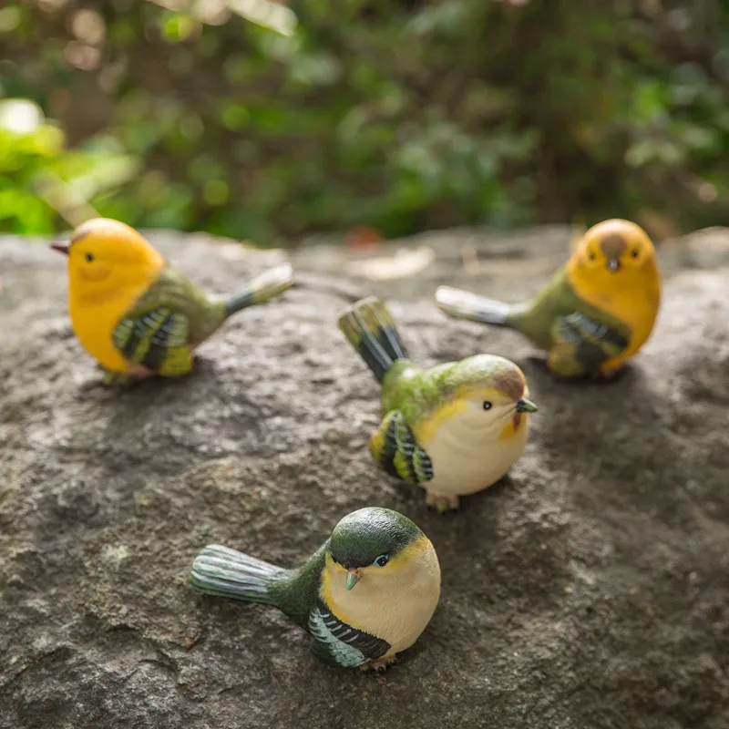 Lovely Hand Painted Green Yellow Fat Four Birds Statues Set European Indoor Outdoor Home Garden Decor Small Animal Figurines