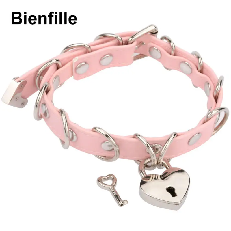 Harajuku Cute Romantic Heart Lockable Choker With Key 2 Layer PU Leather Collar Necklace D Sharp Metal Buckle Choker