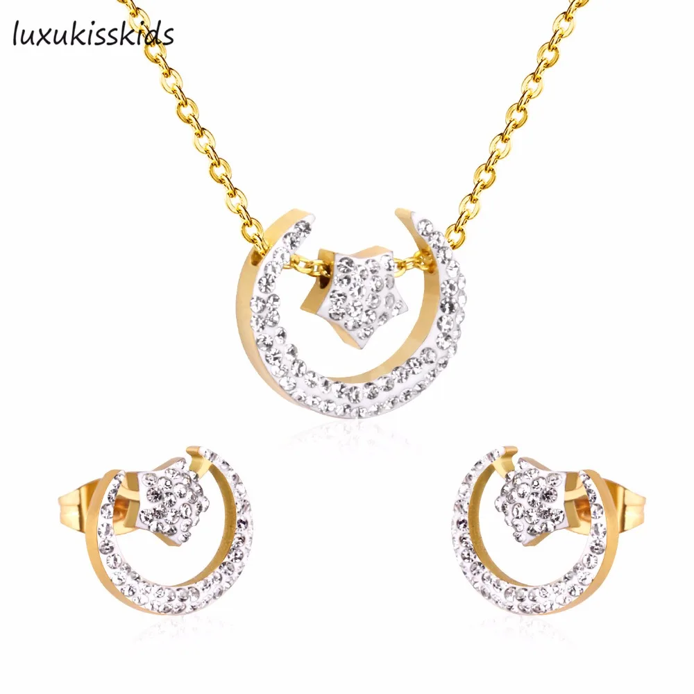 LUXUKISSKIDS Trendy Fashion Women Wedding Jewelry Moon Shape Cubic Zircon Bridal Necklace Earrings Jewelry Sets