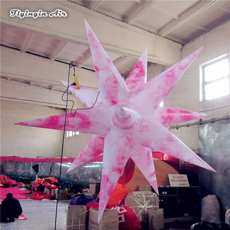 

Customized Printing Lighting Inflatable Balloon 2m Diameter Pink Hanging Thorn Star Blow Up Planet For Party Decoration