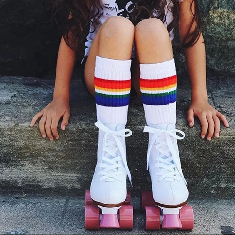 

Rainbow Kids Knee High Socks Cotton Long Student School Socks Girls Boys Striped Socks White Family Sox Thick Children Footwear