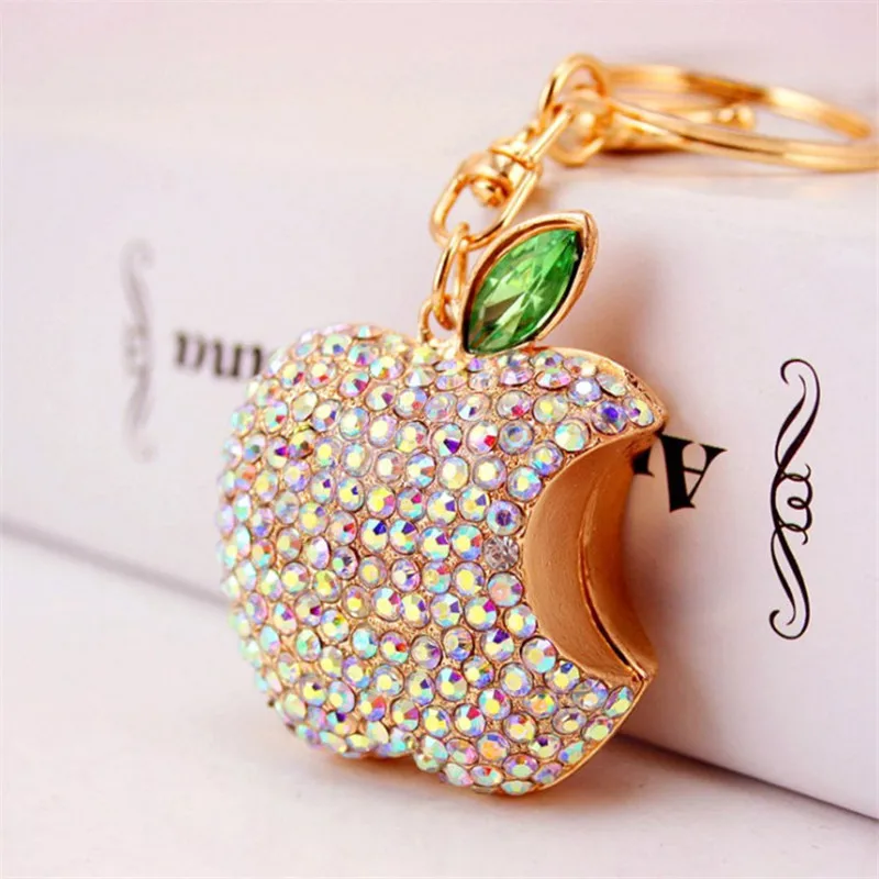 Creative Full Rhinestone Apple Keychains Fashion Key Chain Car Keyrings Pendant Alloy Key Ring Bag Charm Souvenir Gifts