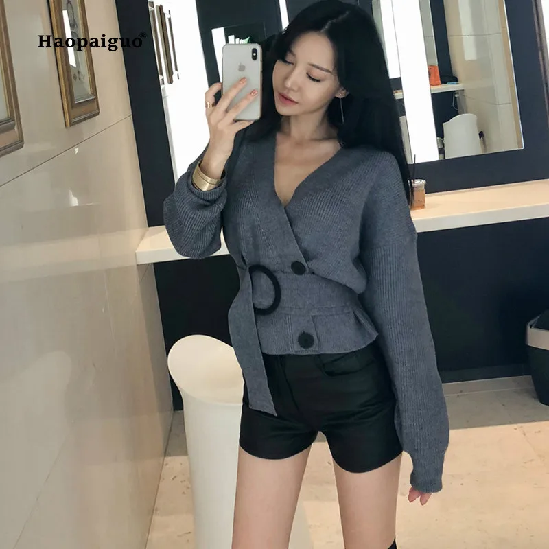 Fashion Autumn Winter Women Coats 2018 Gray Full Sleeve V-neck Knitting Sweater Coat Casual Party Club Ladies Outwear Coats