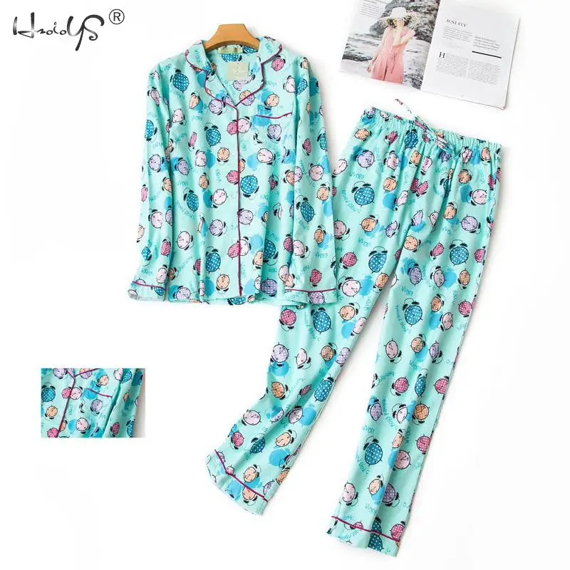 Autumn Winter Long Sleeve Pajamas Sets Women\'s Cotton Cartoon Sleepwear Cute Cat Pyjama Suit Femme Casual Homewear 2 Piece Set