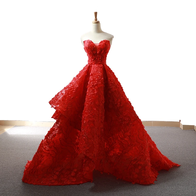 J66621 jancember mariée rouge robe de soirée chérie manches fleurs mariée mariage robe de soirée court train robe rouge de soir e