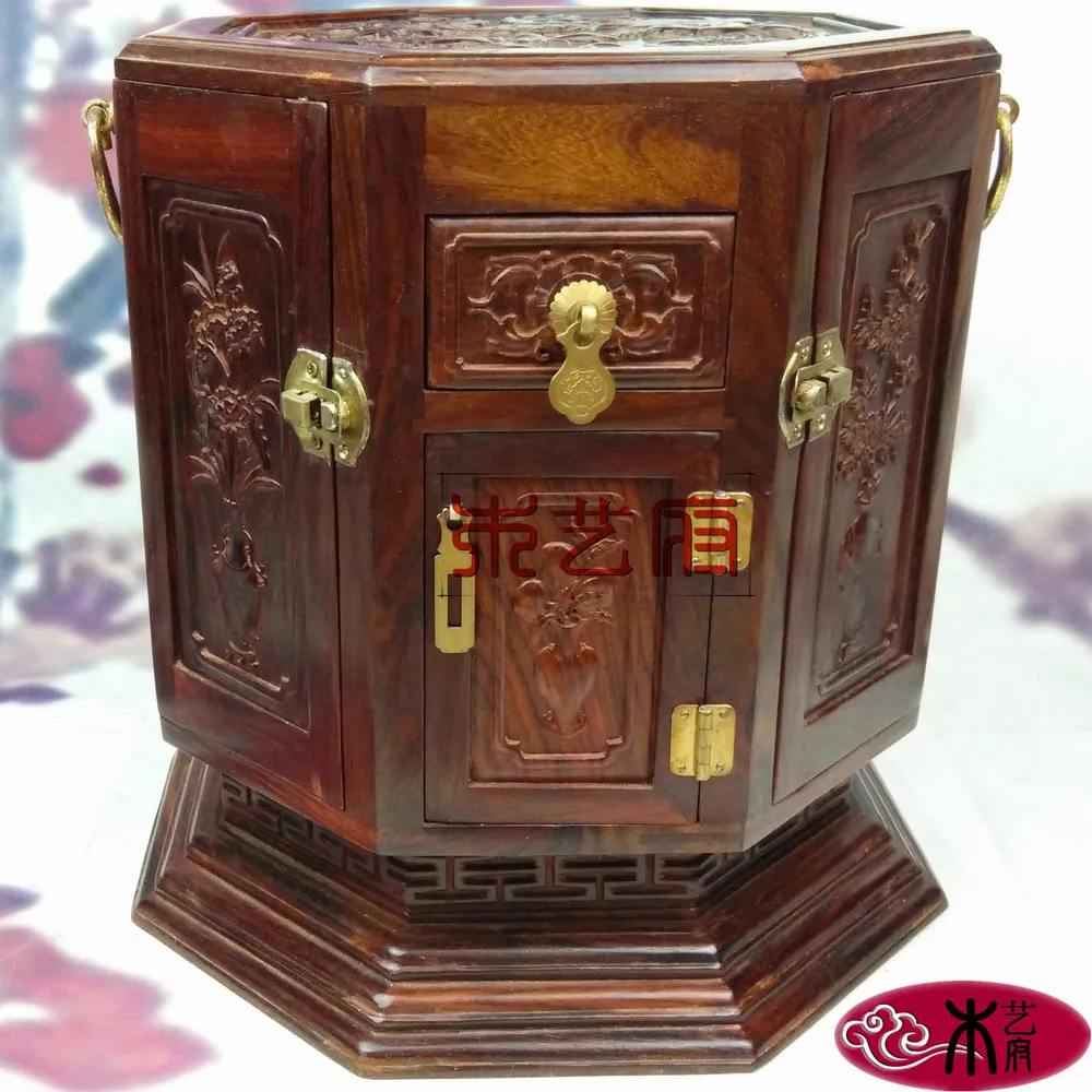 

[Government] Rosewood Wooden octagonal rotating mirror box jewelry box jewelry box red wood carving housewarming gift ornaments