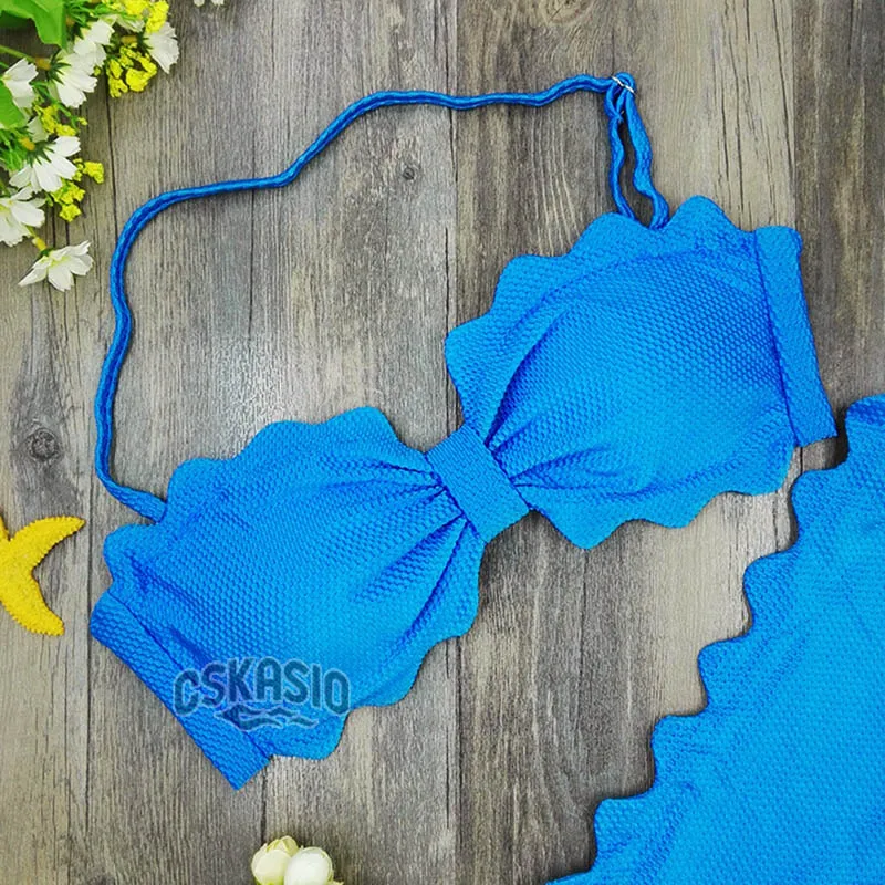 2017 Cute Scalloped Swimwear Women Swimsuit Sexy Bandeau Bikini Set Blue Biquini Padded Bathing Suits maillot de bain femme S-L