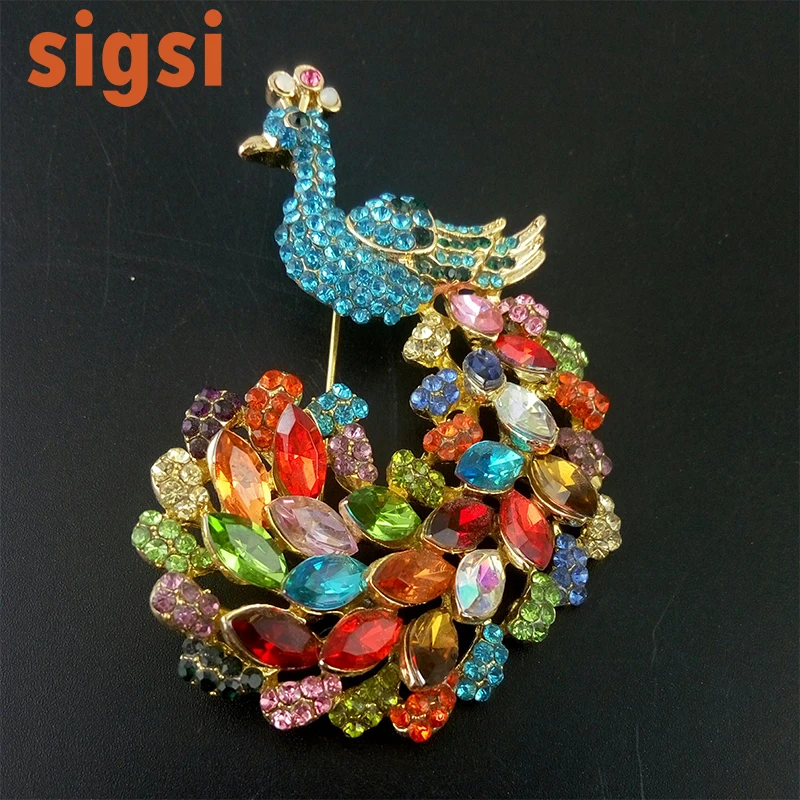 100pcs fashion fancy 70mm crystal sparkly peacock brooch rhinestone animal brooch pin