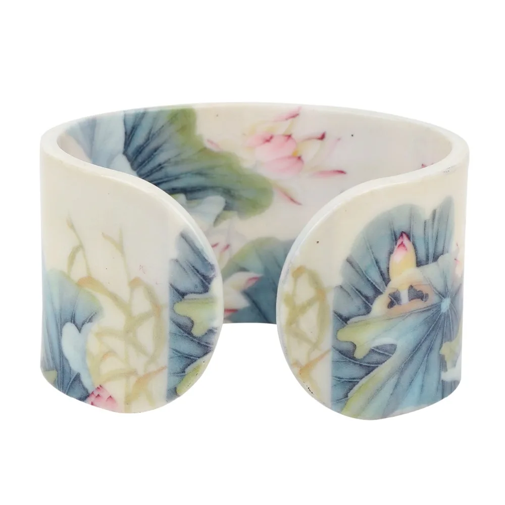Bonsny Plastic Chinese Lotus Ink and Wash Painting Bangles Bracelets Traditional Ethnic Jewelry For Women Girls Ladies Wholesale