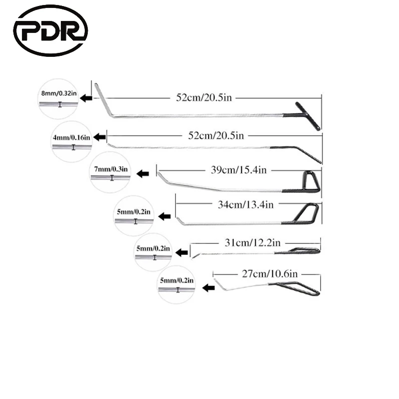 PDR Paintless Dent Removal Repair Hooks Push Rods Door Dings Hail Repair Spring Steel Rods Hail Damage Repair High Quality