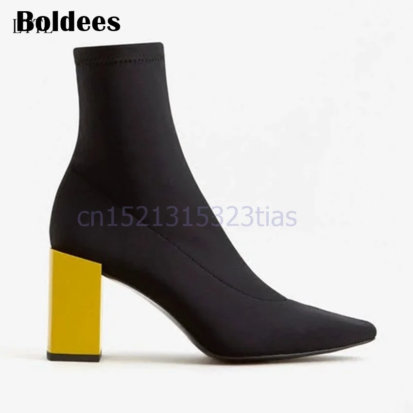 

Black Stretch Fabric Sock Boots Women Square Toe Yellow Chunky High Heel Shoes Woman Ankle Boots