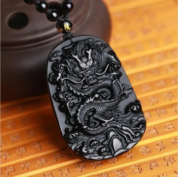 Drop Shipping Unique Natural Black Obsidian Carving Dragon Lucky Amulet Pendant Necklace For Women Men Pendants Jades Jewelry