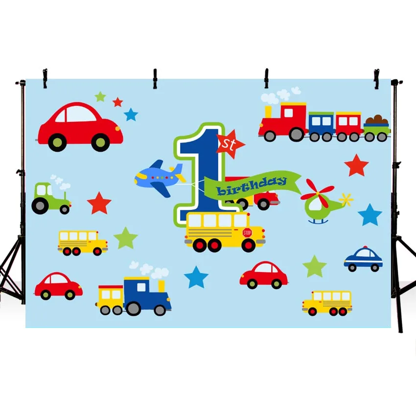 

Vinyl Photography Backdrop Colorful Car Aircraft 1st Baby Show Birthday Party Photo Backdrop Custom Children Portrait Background