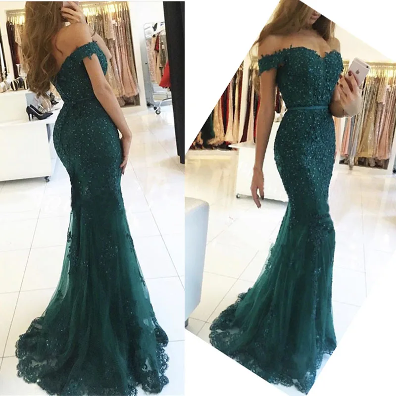 Robe Femme Off The Shoulder Long Dress Mermaid Evening Dress Lace Robe De Soiree Longue Formal Dress Abiye Gece Elbisesi Green