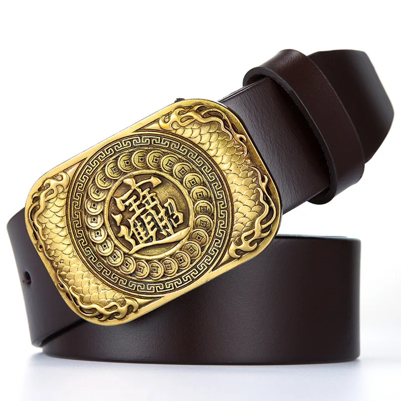 Ta-weo Casual Retro Men Genuine Leather Belts, Stylizing Lucky Fortune Pure Copper Smooth Buckle Belt, 1.5'' Wide