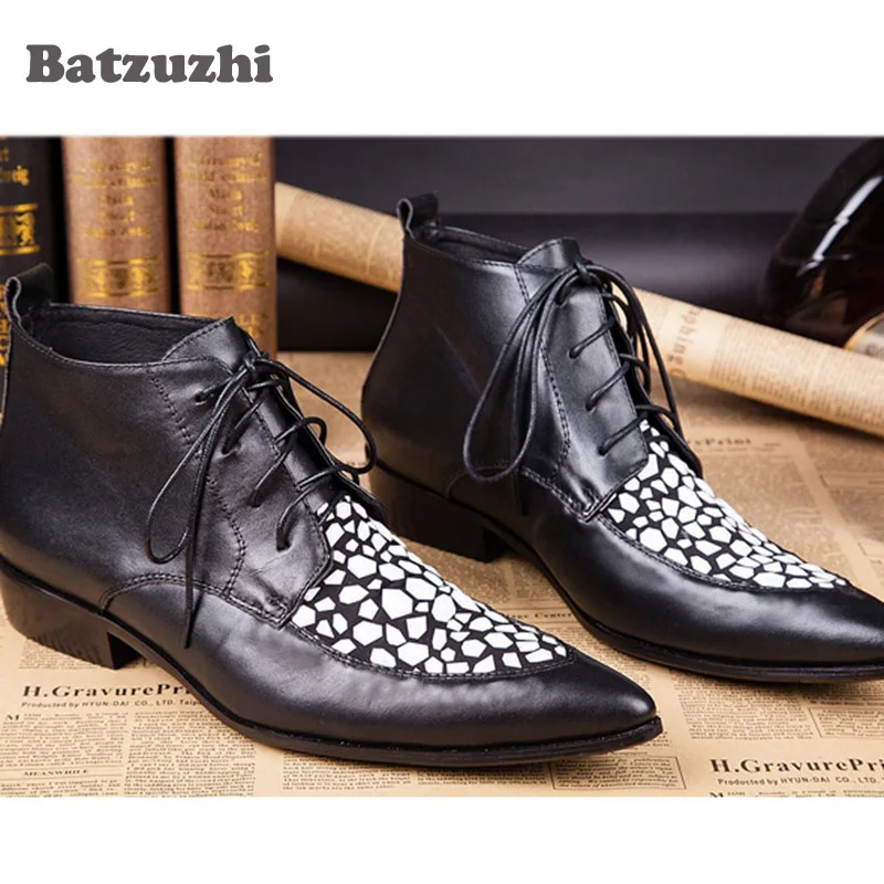 Batzuzhi أحذية رجالية برباط علوي أحذية جلدية سوداء بمقدمة مدببة أحذية جلدية عصرية للرجال على الطراز الإيطالي بوتاس، مقاس Pluz #2