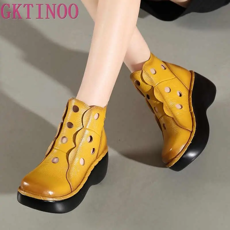 Genuine Leather Women Summer Boots Platform Wedges Round Toes Cut Out Hole Ankle Boots Vintage Woman Shoes