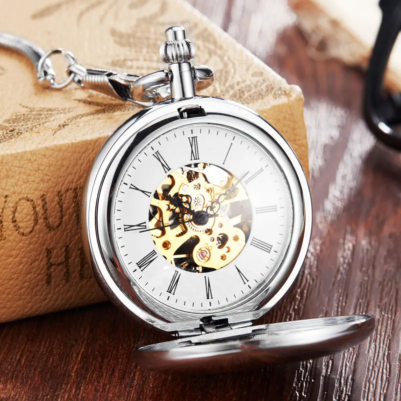 Einzigartige Goldene Luxus Kupfer Selbst-wind Taschenuhr Männer Frauen Mit FOB Kette Hohl Skeleton Steampunk Mechanische Uhren Geschenke