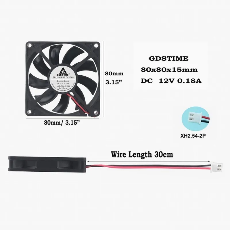 

10 Pcs Gdstime DC 12V 2 Wire 2pin 80mm x 15mm 8cm Case Brushless Cooler Cooling Fan 80mm*80mm*15mm