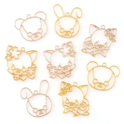 2PC/Set Cute Bear Pig Rabbit Metal Hollow Frame Pendant Gold KC Gold Charm Bezel Setting Cabochon Setting DIY UV Resin Charm