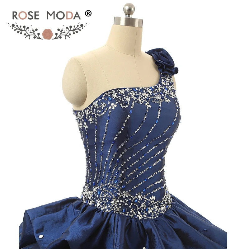 Rosa moda um ombro marinha quinceanera vestido de cristal princesa bola vestido fotos reais