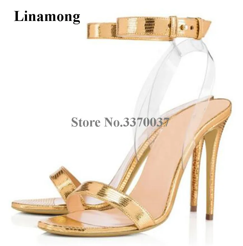 

Summer Women New Fashion Open Toe One Strap Stiletto Thin Heel Sandals Gold Silver Black PVC Strap High Heel Sandals Party Shoes