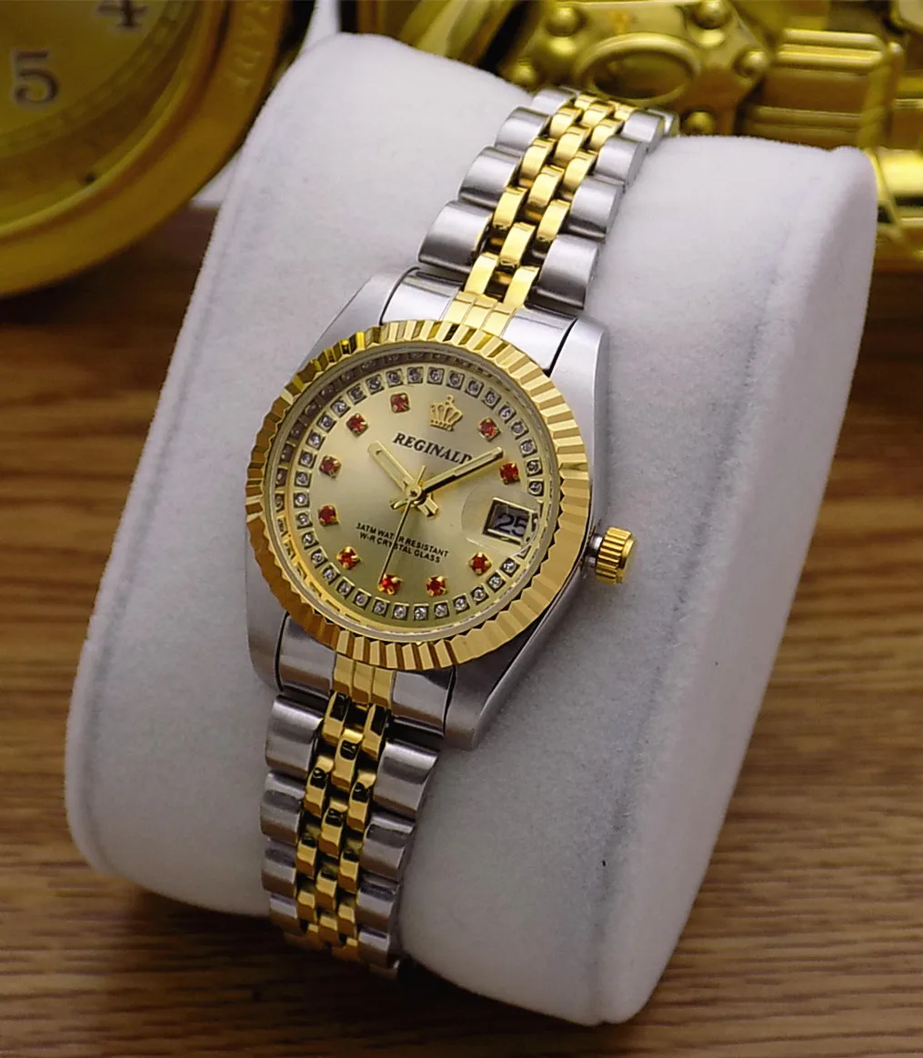 Mode Reginald Merk Vrouw Man Liefhebbers Volledige Gouden Luxe Staal Dame Horloge Datum Crystal Stijlen Vrouwen Jurk Klok Water proof