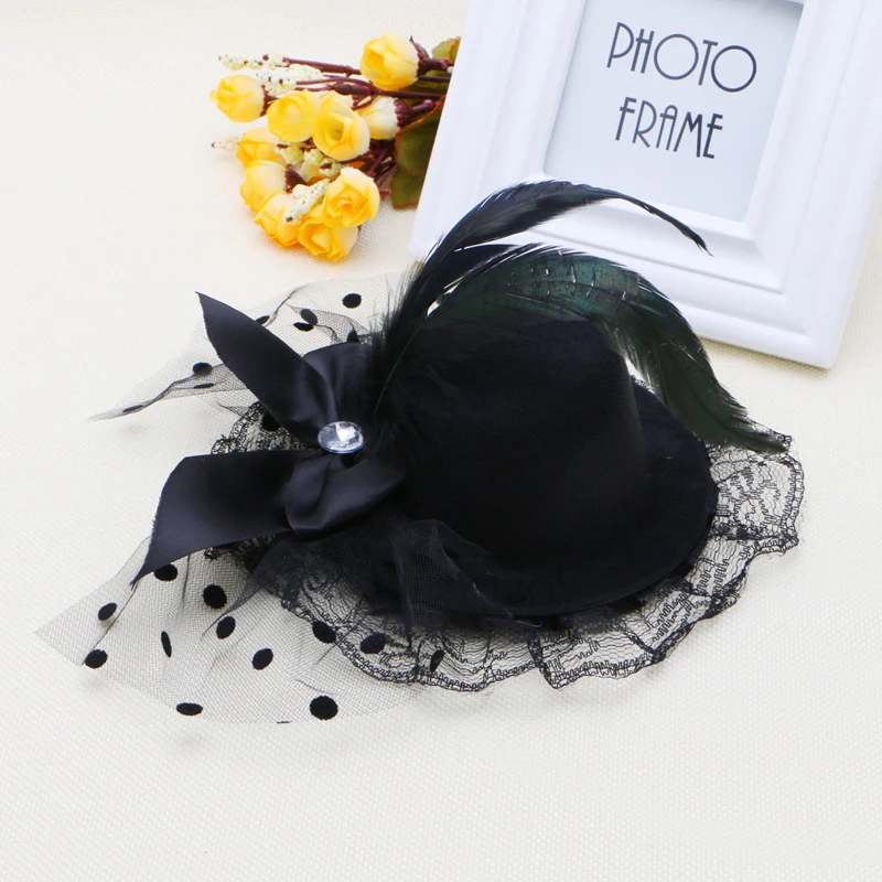 Women girl Bow Hair Clip Lace Feather Mini Top Hat Fascinator Fancy Party