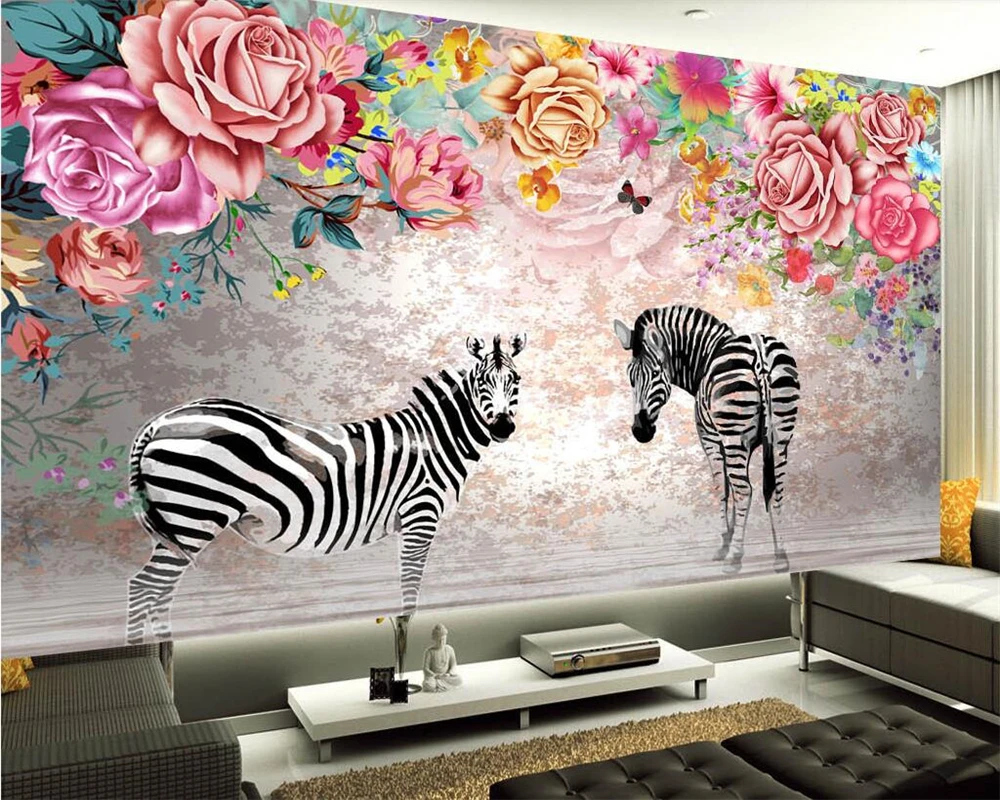 

Beibehang Custom wallpaper beautiful zebra floral Nordic TV background walls wallpaper living room bedroom mural 3d wallpaper