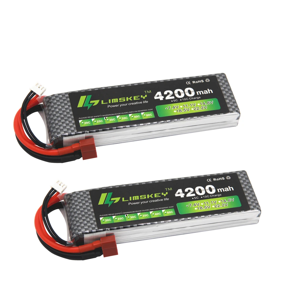 

Аккумулятор Limskey POWER 7,4 В, 4200 мА · ч, 2 шт., литий-полимерный аккумулятор 2S с разъемом T/XT60 для радиоуправляемого автомобиля, самолета, вертолета, 7,4 В, 4200 мА · ч, 2S, литий-полимерный