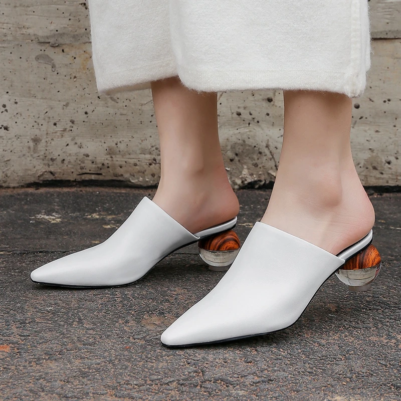 

ORCHA LISA New Woman Slippers Real Cow Leather Shoes Pointed Toe Mules Ball Clear Heels Sheepskin Summer Black White Big Size