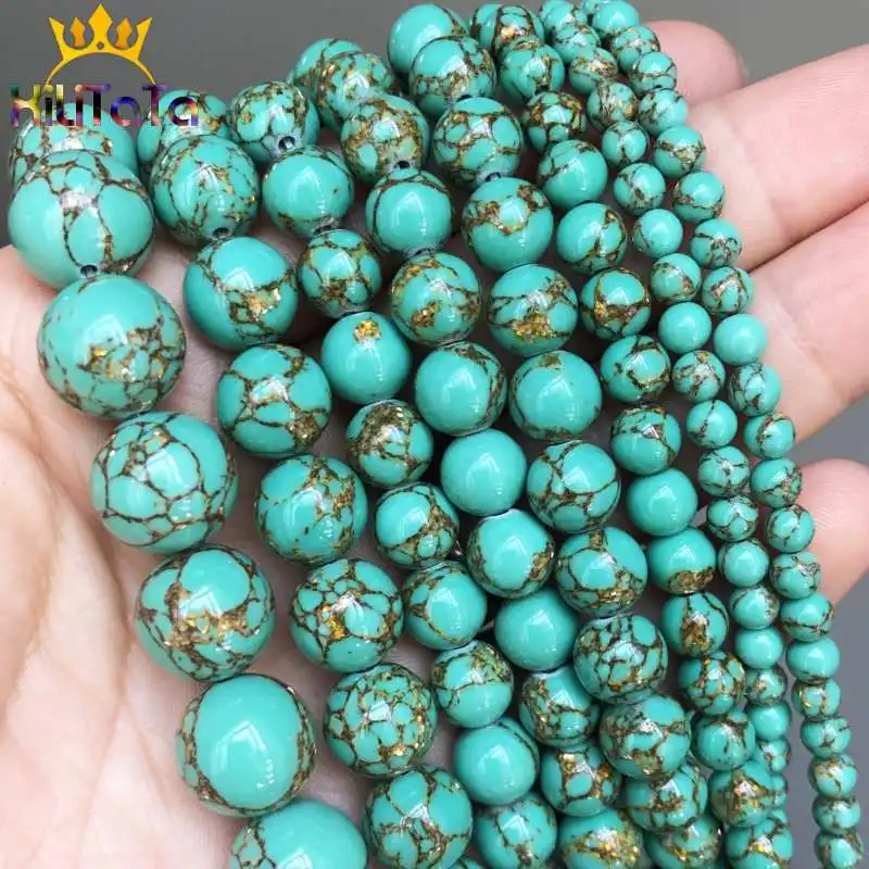 Gold Color Line Green Turquoises Stone Beads Round Loose Beads For Jewelry Making DIY Bracelets Necklace 4/6/8/10/12mm