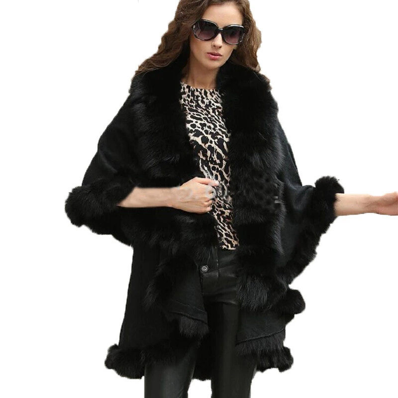 

Women's Genuine Fox Fur Shawl Cape Coat Knit Stretch fabric Poncho Cloak Party Dinner Stoles BLACK PLUS SIZE