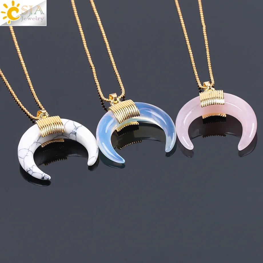 CSJA New Fashion Natural Stone Crescent Half Moon Necklace Pendant with Chain Gold Color Wire Wrapped for Women DIY Jewelry F063