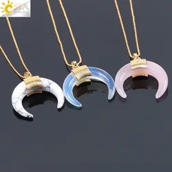 CSJA New Fashion Natural Stone Crescent Half Moon Necklace Pendant with Chain Gold Color Wire Wrapped for Women DIY Jewelry F063