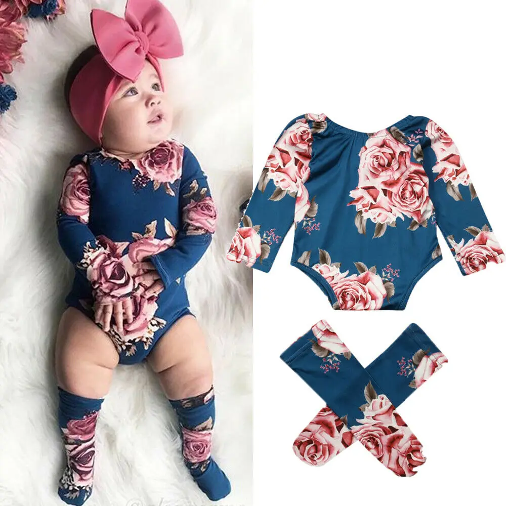 Hot Newborn Toddler Baby Girl Bodysuit One-Piece Long Sleeve O-Neck Flower Romper Jumpsuit+Leg Warmers Casual Outfit Clothes