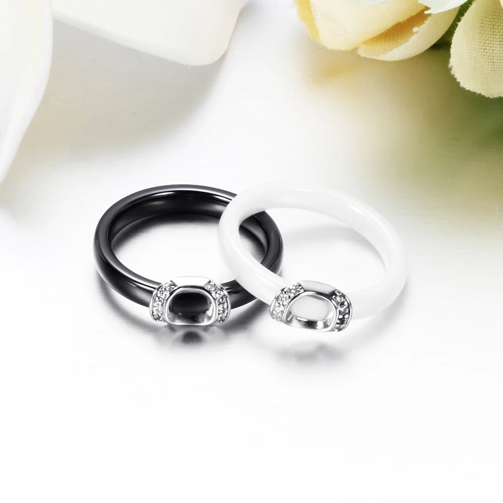 Unique Design White/Black Ceramic Ring With Cubic Zirconia Stone Women Jewelry Engagement Wedding Band Gifts For Women