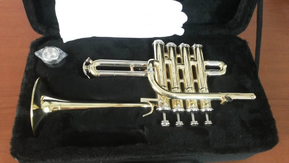 

Gold Lacquer Piccolo Trumpet Four Key Bb Flat to A Tone Trumpet Monel Bell mouth diameter 99.5mm