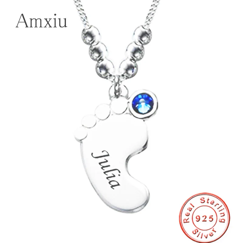 

Amxiu DIY 925 Sterling Silver Baby Feet Necklace Engrave Name with Birthstone Pendant Necklace Personalized Jewelry For Mother