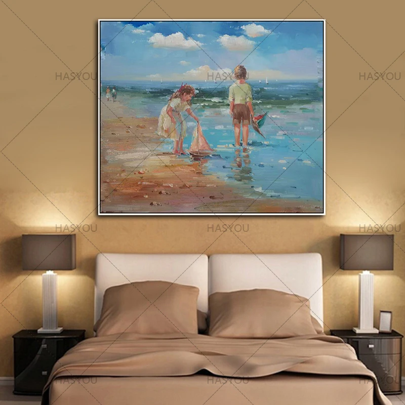 Impressionist art Children in the Sea Landscape paintings Canvas Art home decor Handmade Poster Wall Art for living room Decor