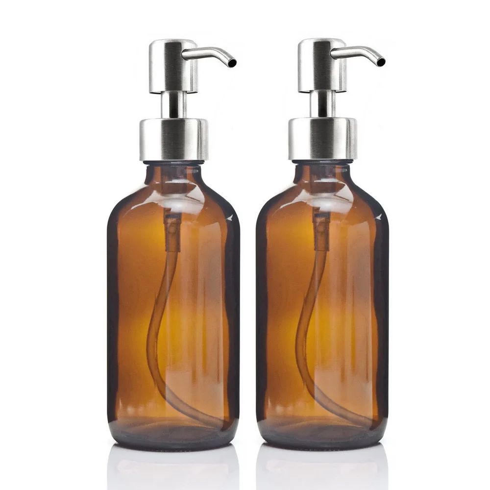 

8 Oz Large 250ml Liquid Soap Dispensers with Stainless Steel Pump for Essential Oils Homemade Lotions Shampoo Amber Glass Bottle